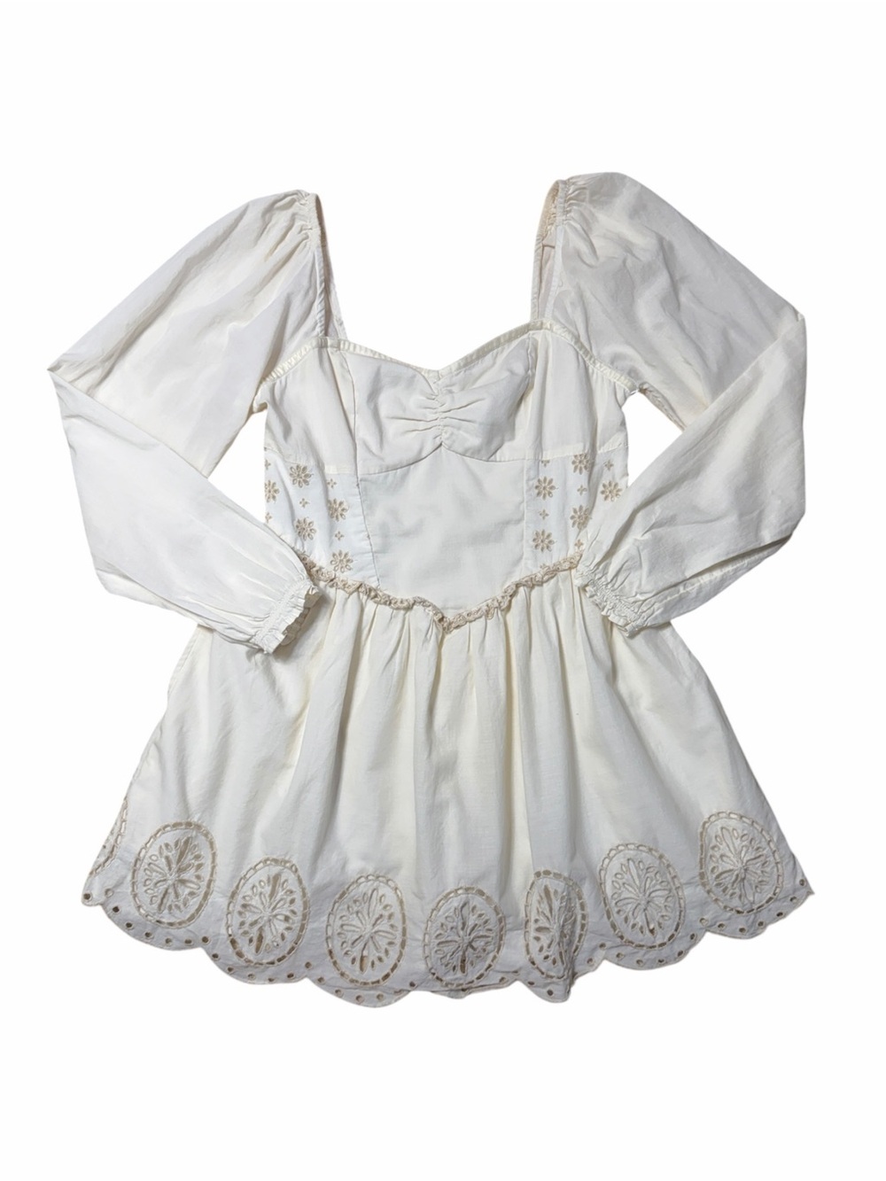 American Eagle Cream Embroidered Long Sleeve Mini Dress Womens S